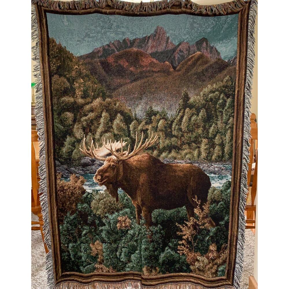 Moose Woven Tapestry Blanket Woods River Rocks Fringed Throw 50 x 68